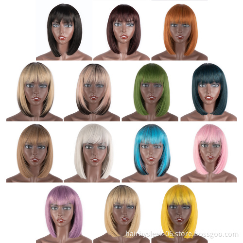 Fashion Woman Wigs Natural Colours With bang Heat-resisting Soft Hair Bob Style Brown Black Woman Wig Bob Short Synthetic Wig